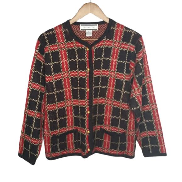Vintage Crystal Kobe Red & Black Holiday Plaid Grandma Cardigan Sz Medium - Picture 1 of 6